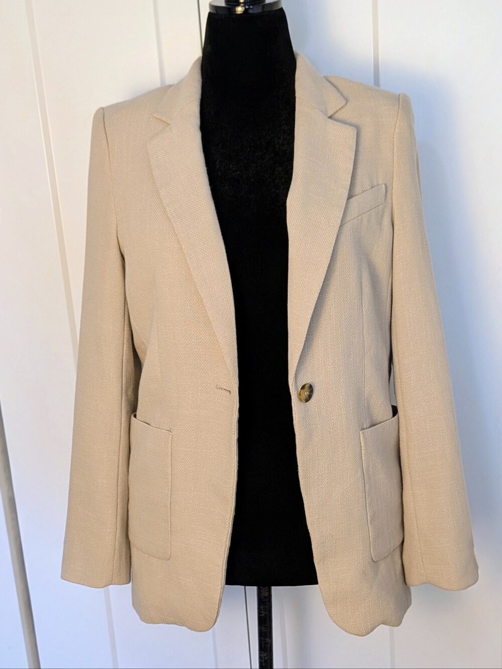 H&M Womens Beige Twill Lined Single Button Blazer Jacket Pockets Long Sleeve XS